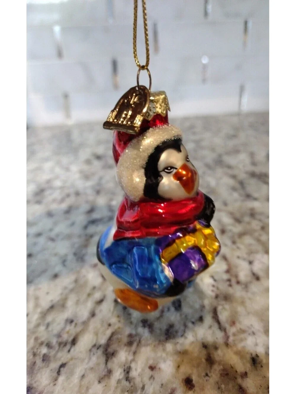 Vintage Penguin with Gift blown glass Christmas Ornament, 3
